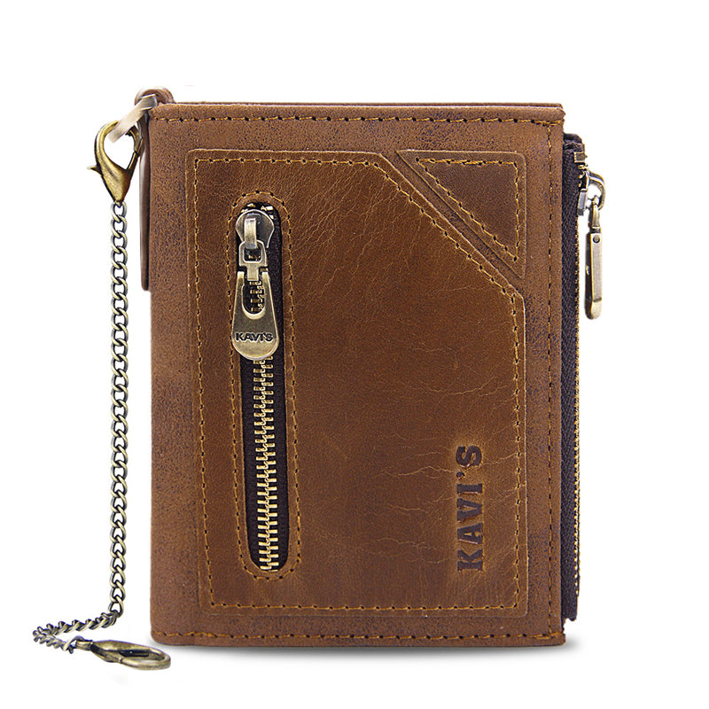 Vintage RFID PU Leather Bifold Coin Wallet With Chain