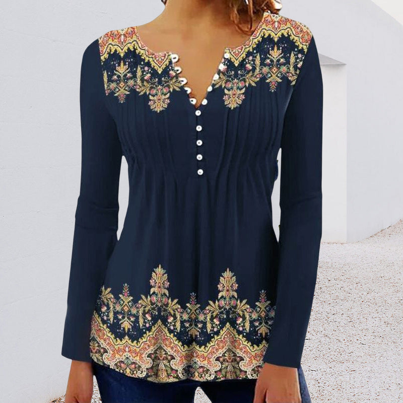 Round Neck Button Print Long Sleeve Top