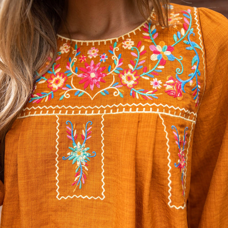 Ethnic Puff Sleeve Loose Crew Neck Pullover Top