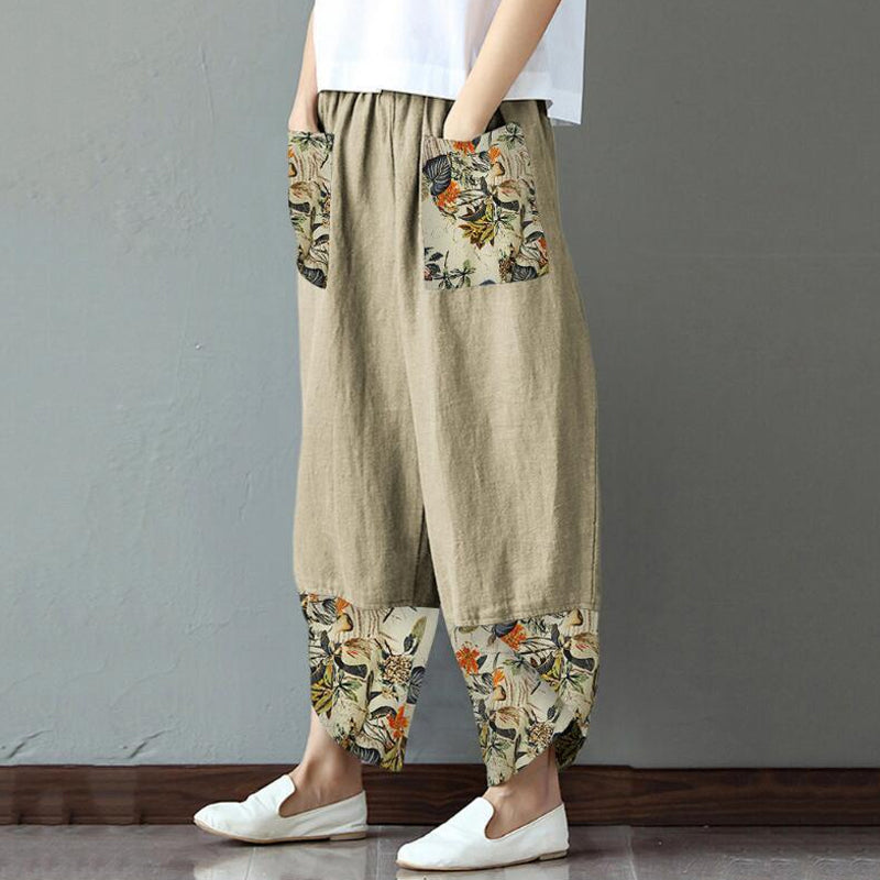 Printed cCtton and Linen Wide-leg Pants