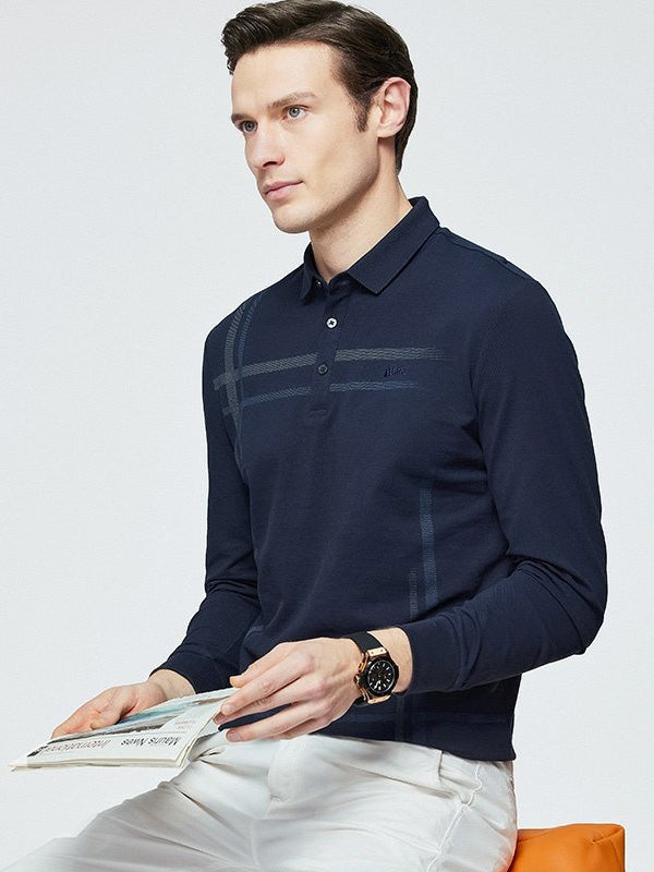 Men's Striped Long-Sleeve Casual Elastic Lapel Polo Shirt