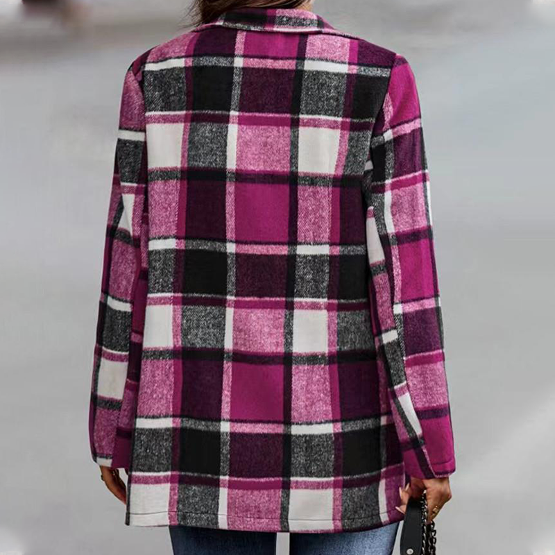 Check Print Long Sleeve Pocket Wool Jacket