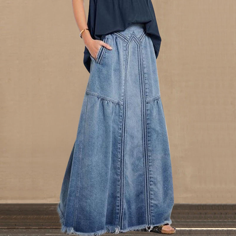 Women Distressed Solid Color Elastic Waist Loose Denim Skirt