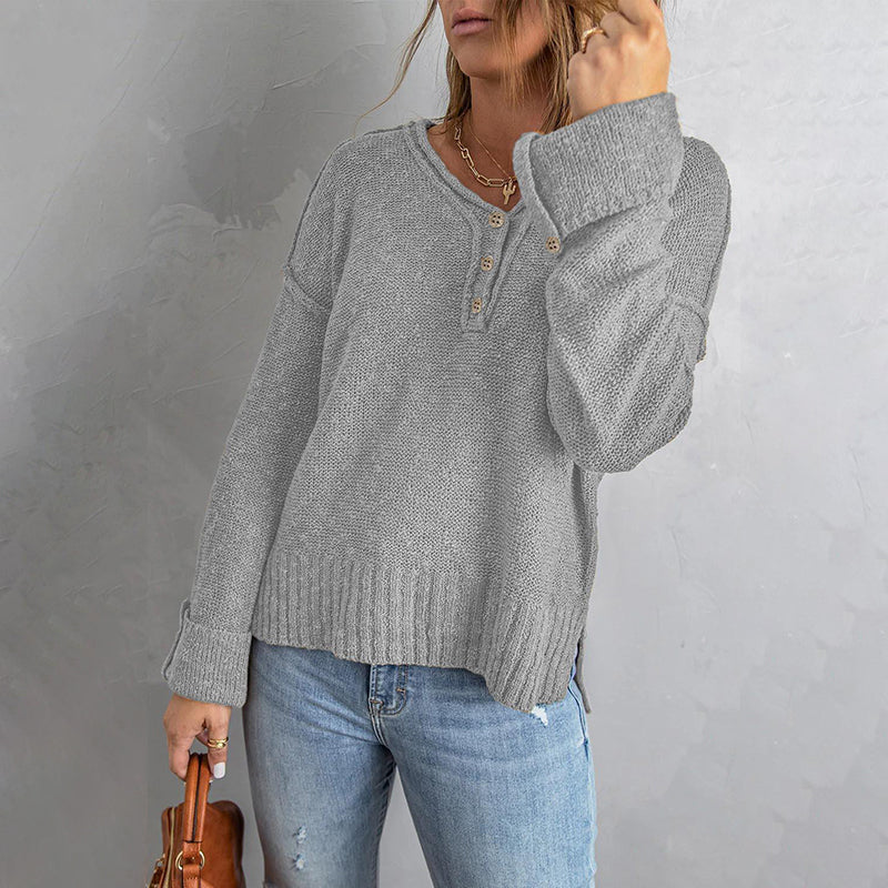 Button Knit Dropped Shoulder Sweater