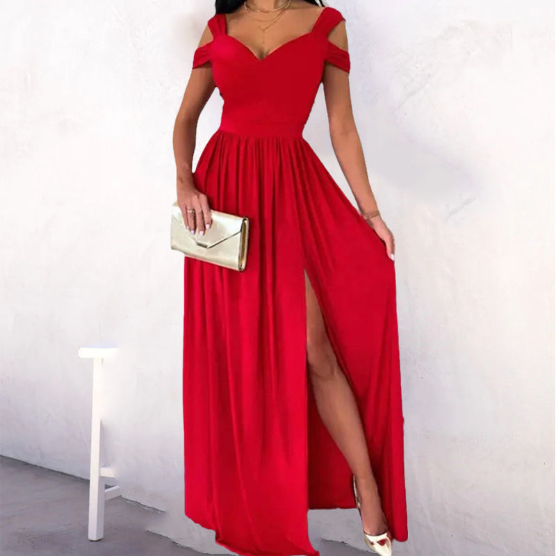 Off-the-shoulder V-neck Slit Dress