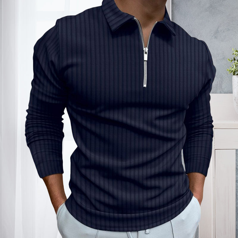 Polo Shirt Zipper Stripe Long Sleeve Men's Polo Shirt