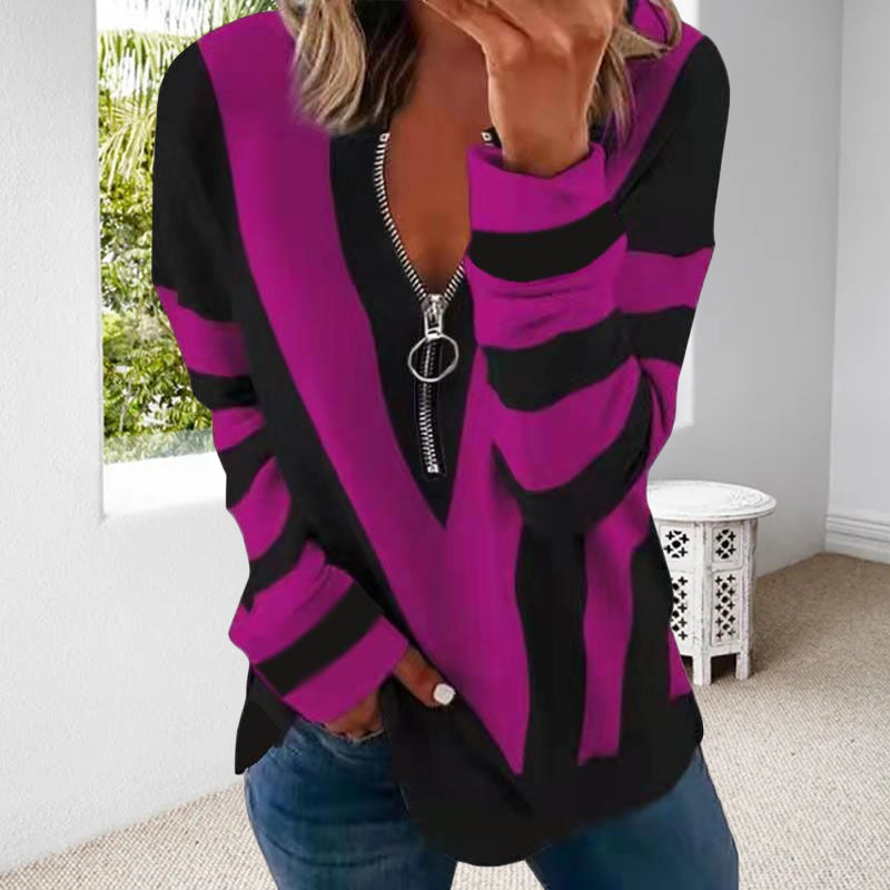 Zip V-neck Long Sleeve T-Shirt