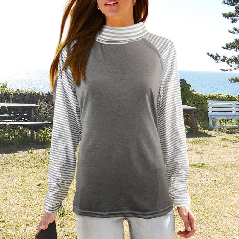 Paneled Long Sleeves Stacked Collar Striped Sweatshirt