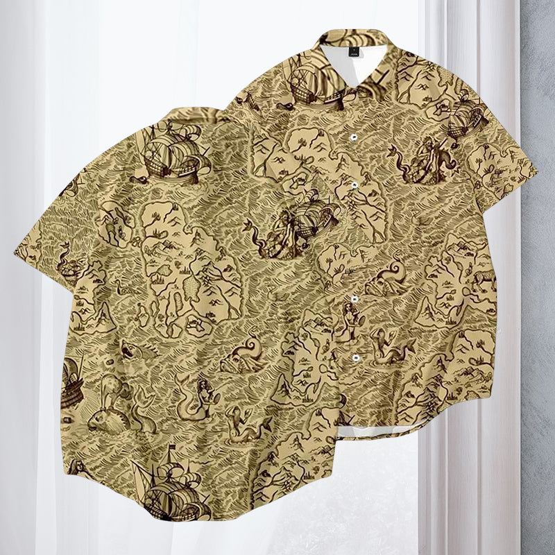 Men's Casual Vintage Map Printed Large Shirt