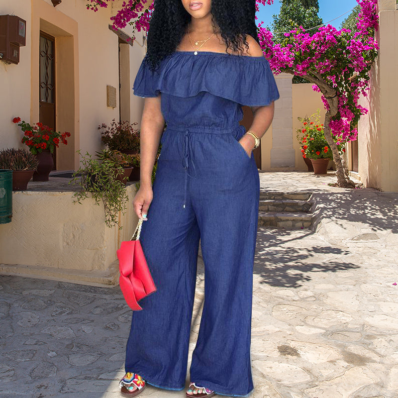 Foldover Ruffle Trim Drawstring Denim Jumpsuit