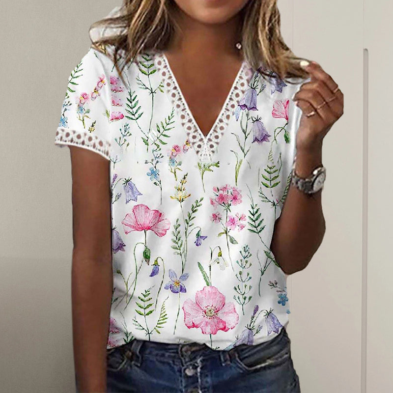 Floral Print Lace Patchwork Blouse