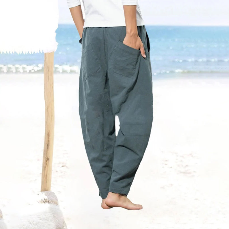 Men's Solid Color Patchwork Cotton Linen Trousers