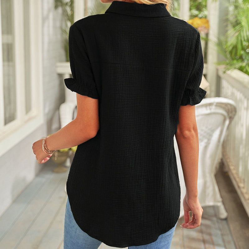 Ruffled Single-breasted Lapel Collar Shirt
