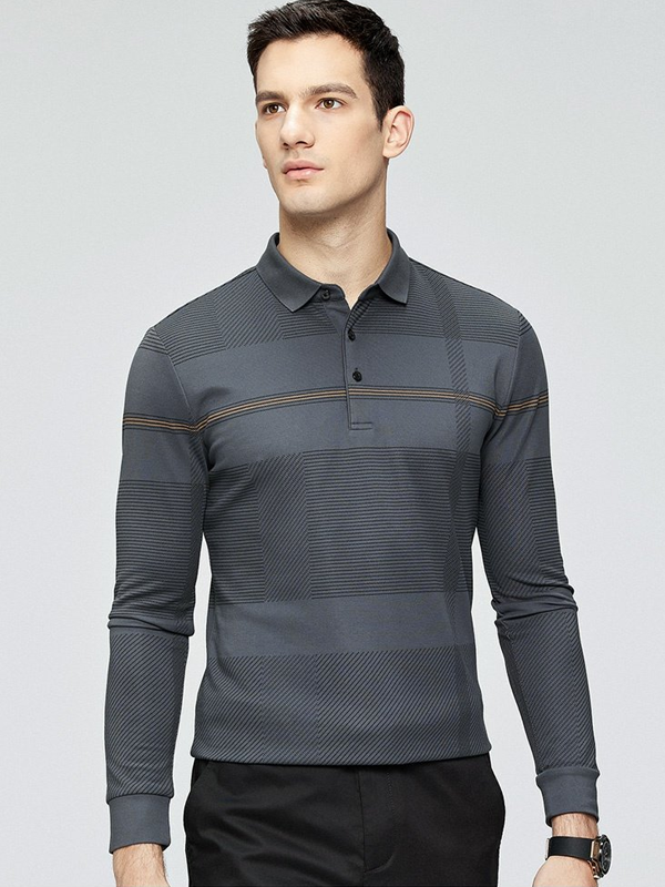 Men's Geometric Print Long Sleeve Lapel Polo Shirt