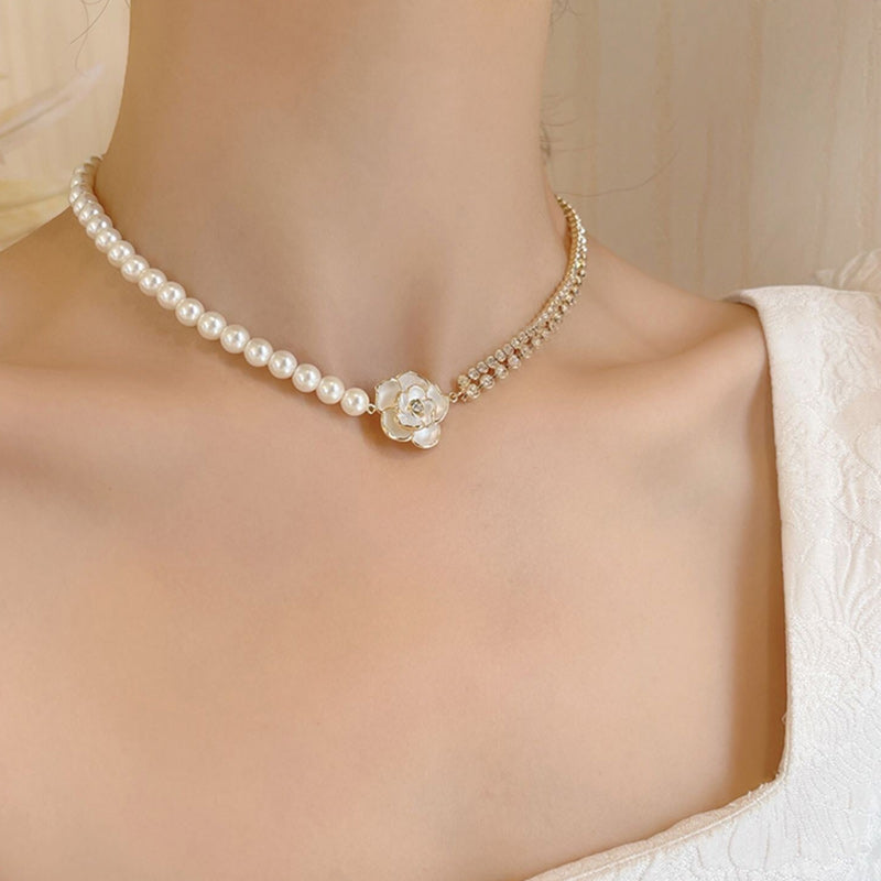 Sparkling Diamond Flower Pearl Necklace