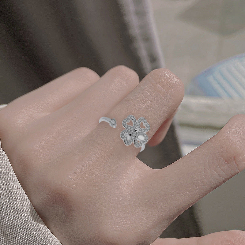Four Leaf Heart Shape Adjustable Rotating Ring