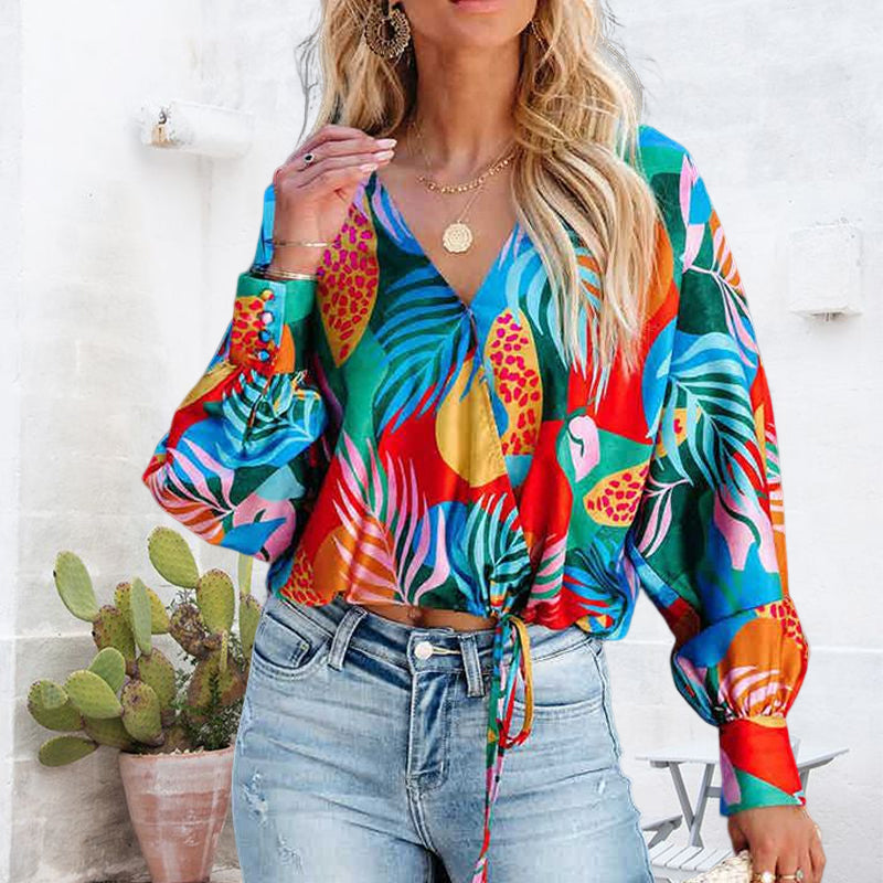 Printed V-Neck Long Sleeve Loose Casual Shirt