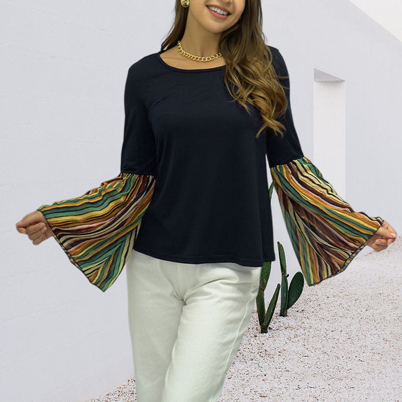 Ladies Patchwork Striped Long Sleeve Top