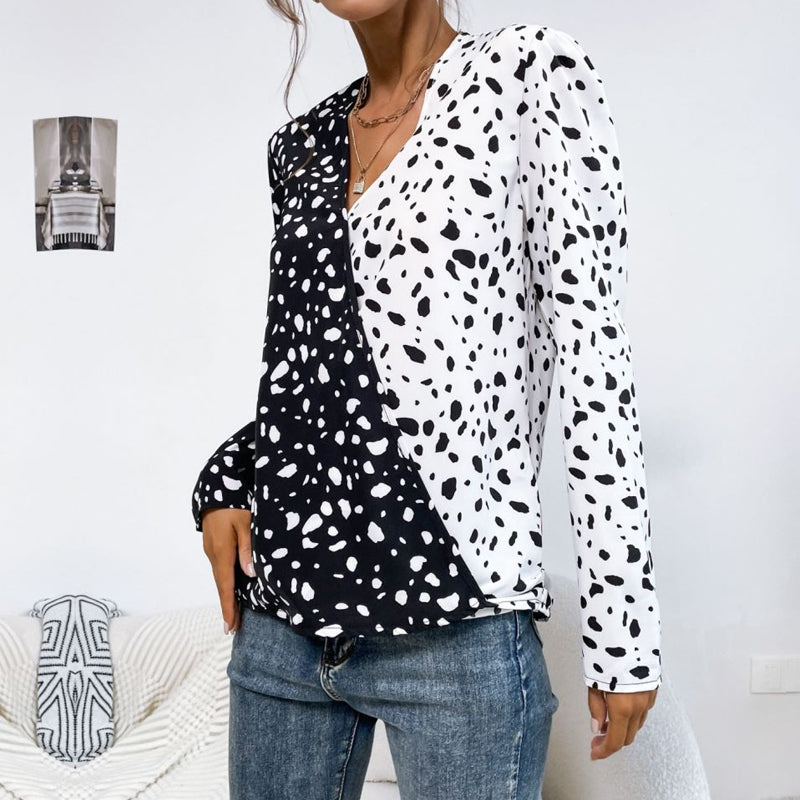 Stone Pattern V-Neck Long Sleeve Shirt