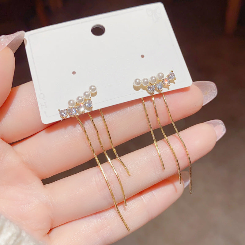 Simple Peral Curved Two-way Tassel Stud Earring