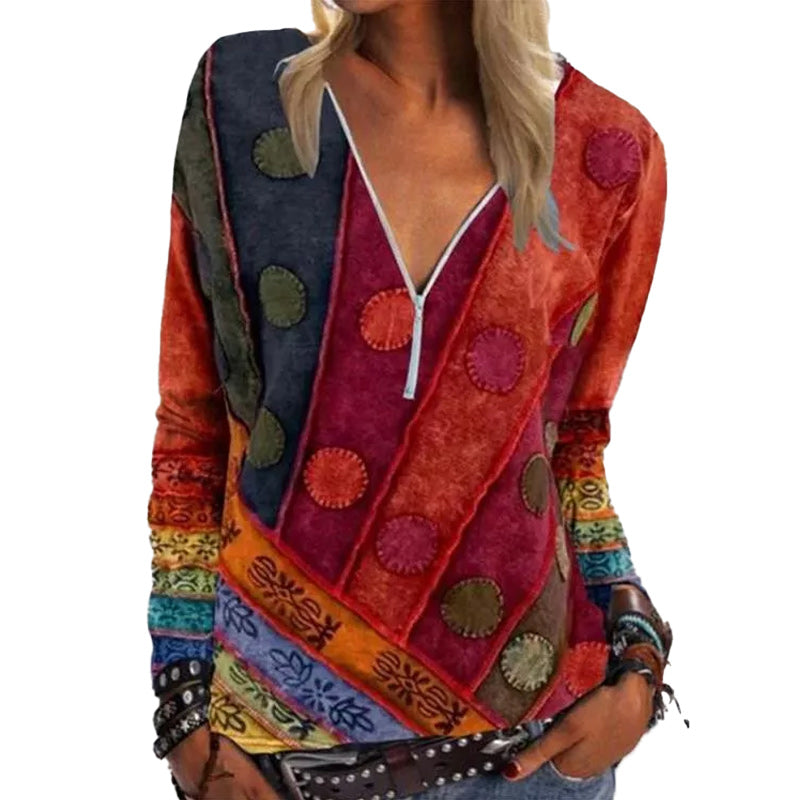 V Neck Abstract Long Sleeve Shift Shirts & Tops