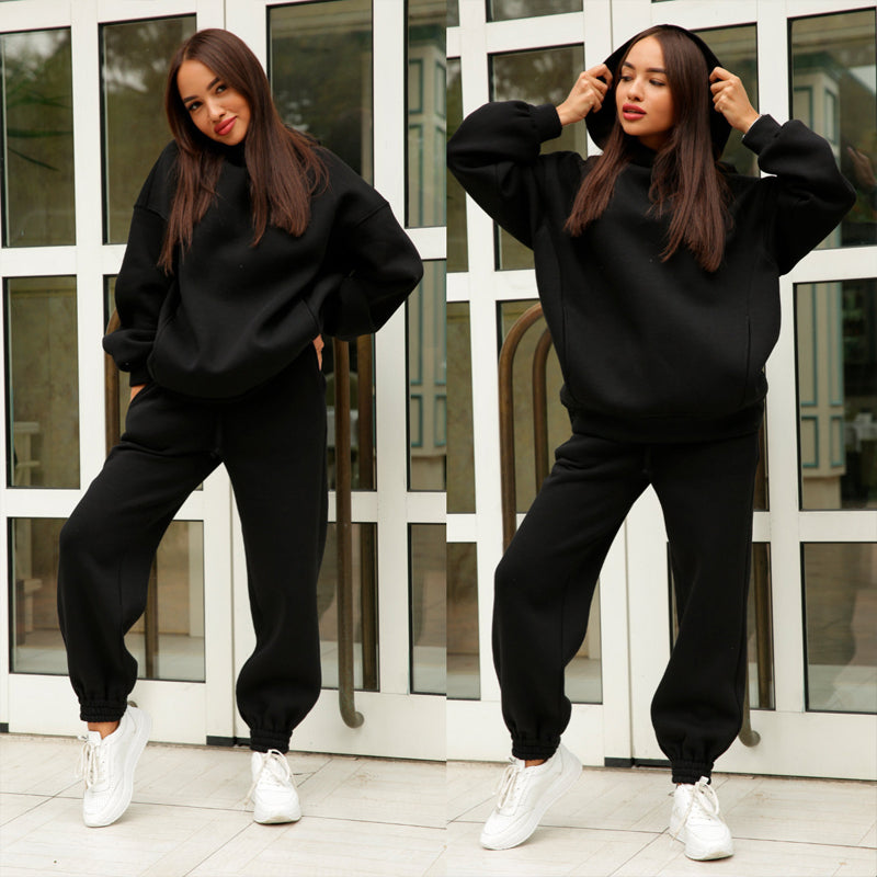 Women's Autumn/Winter Solid Color Hoodie Two Piece Set