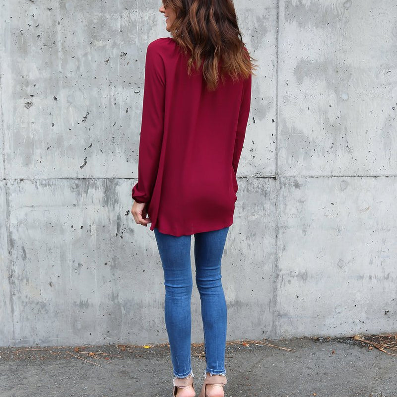 V Neck Button Long Sleeve Loose Chiffon Shirt