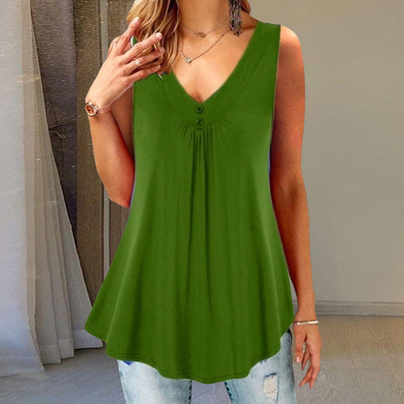 Solid V-Neck Pleated Button T-Shirt