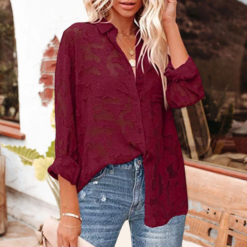 Solid Color Cutout Chiffon Jacquard Button Long Sleeve Shirt