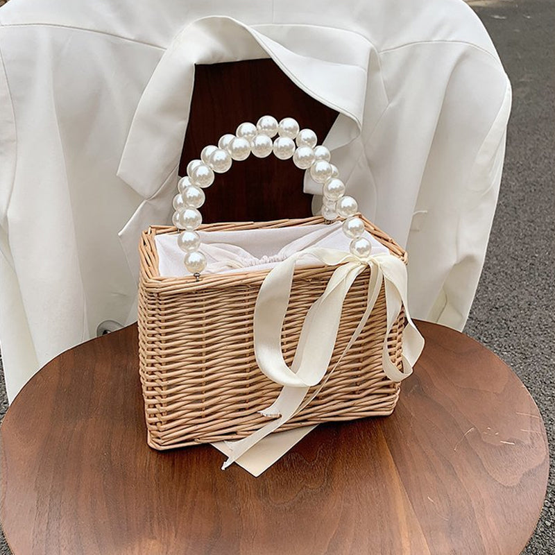 Faux Pearl Handle Straw Square Bag