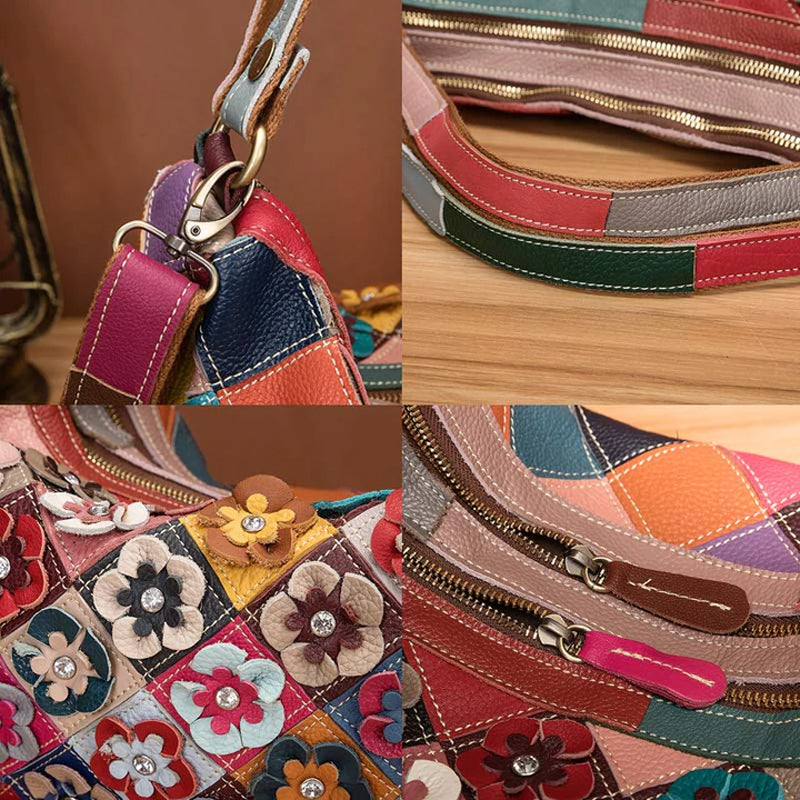 Multi-Color Floral Genuine Leather Boston Bag