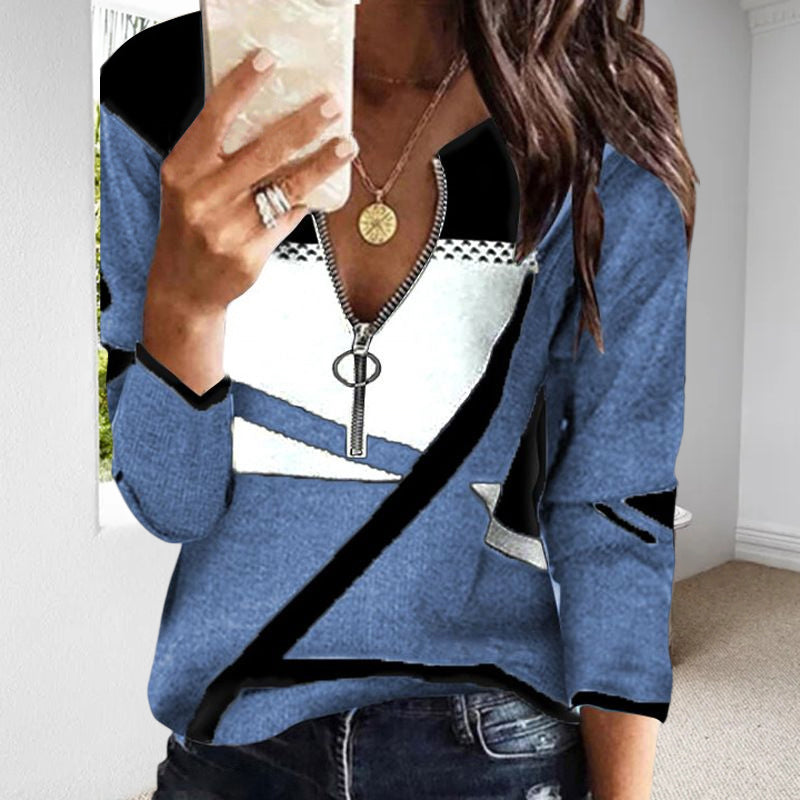 Women's Colorblock V-Neck Zip-Up Casual Sweatshirt
