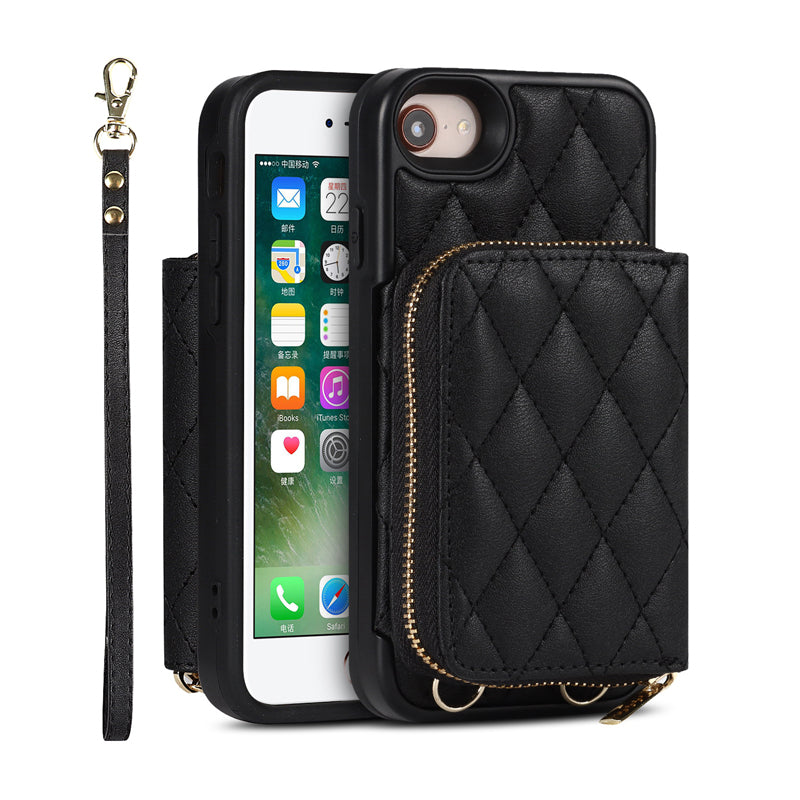 iPhone Phone Case Quilted Leather Wallet Case Card Holder with Crossbody Strap