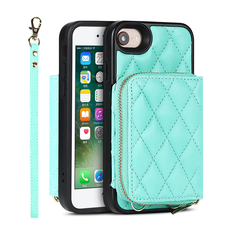 iPhone Phone Case Quilted Leather Wallet Case Card Holder with Crossbody Strap