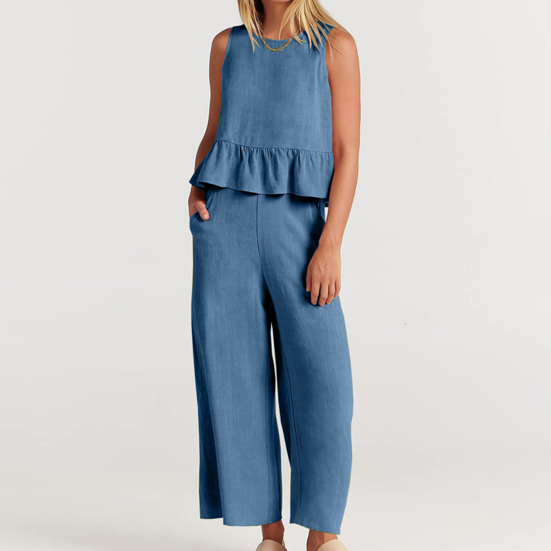 Women Sleeveless pleated tank top wide leg pants set
