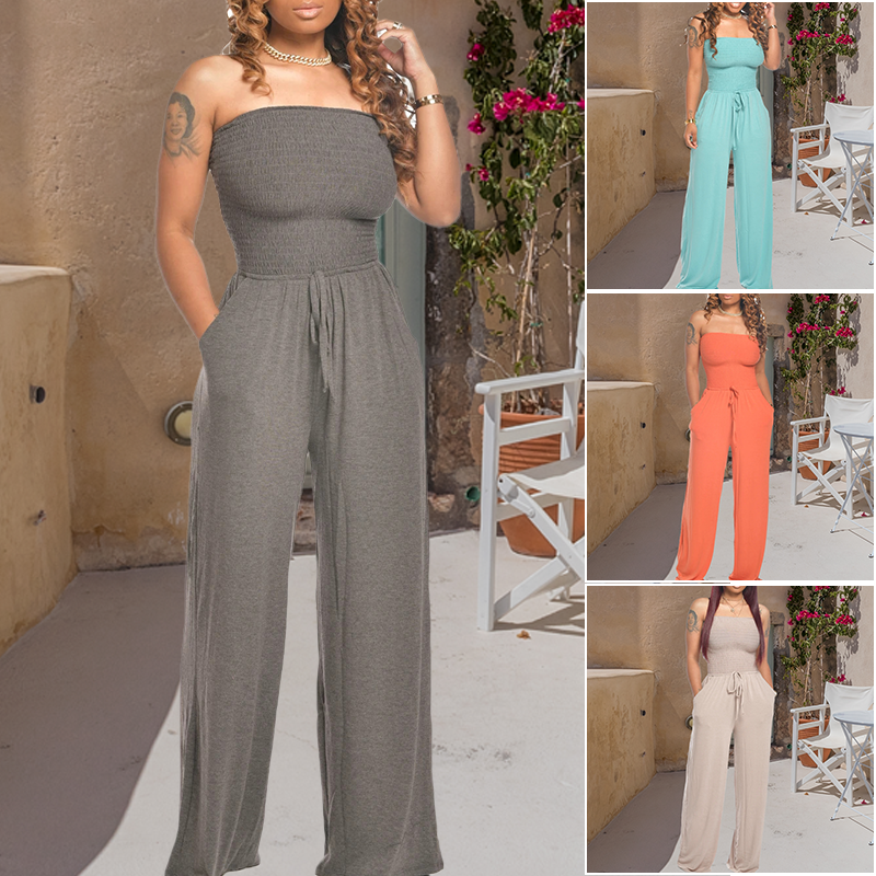 Asymmetric Solid Color Smocked Jumpsuit