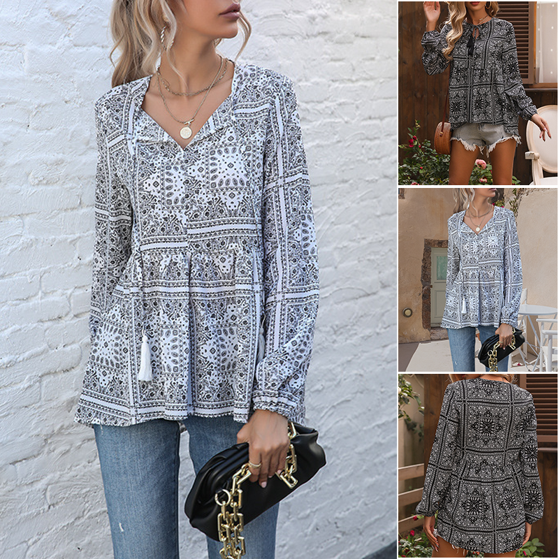 Women's Long-sleeved Printed V-neck Fringed Shirt