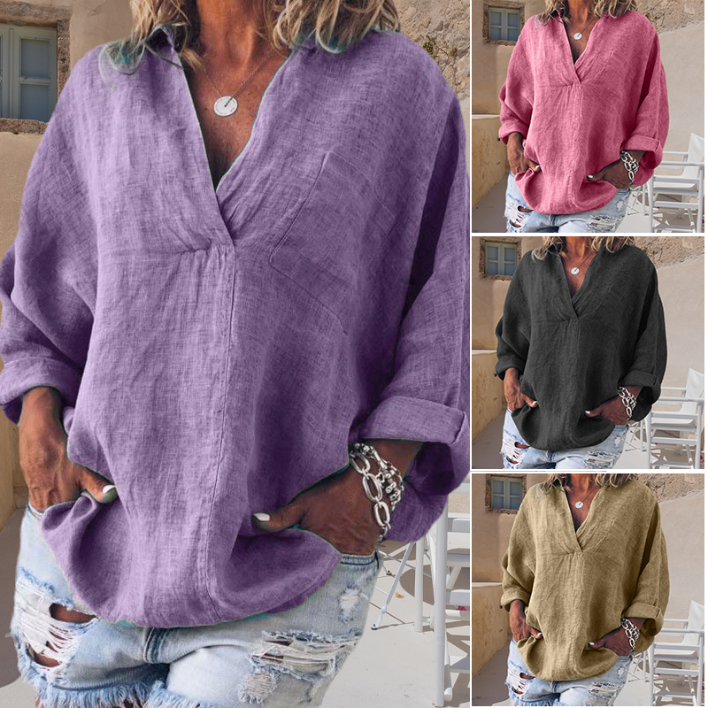 Oversized Loose Long Sleeve V-Neck Linen Shirt