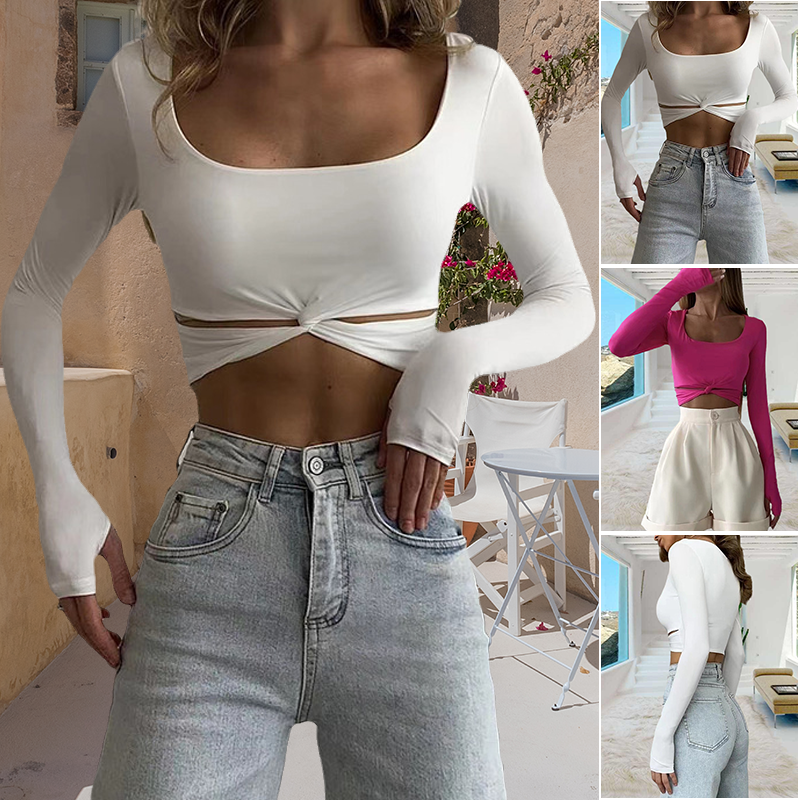 Long Sleeve Crewneck Tie Knot Top T-Shirt