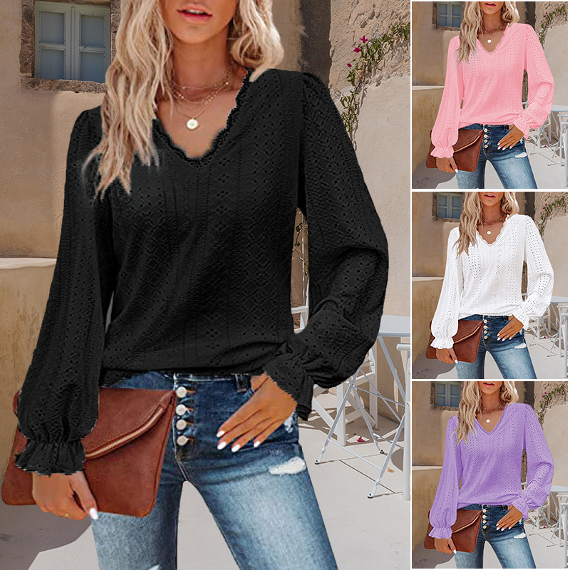 Women's V-Neck Cutout Casual Pleated Sleeve Top Shirt