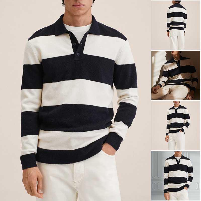 Lapel Half Button Contrast Striped Casual Pullover