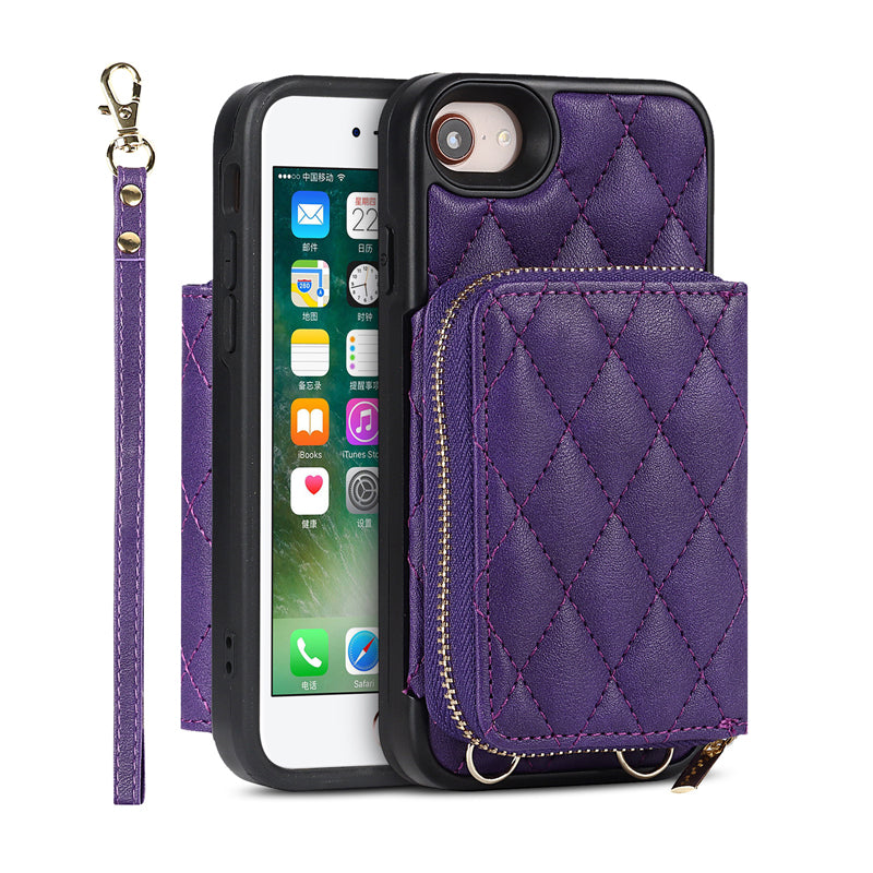 iPhone Phone Case Quilted Leather Wallet Case Card Holder with Crossbody Strap