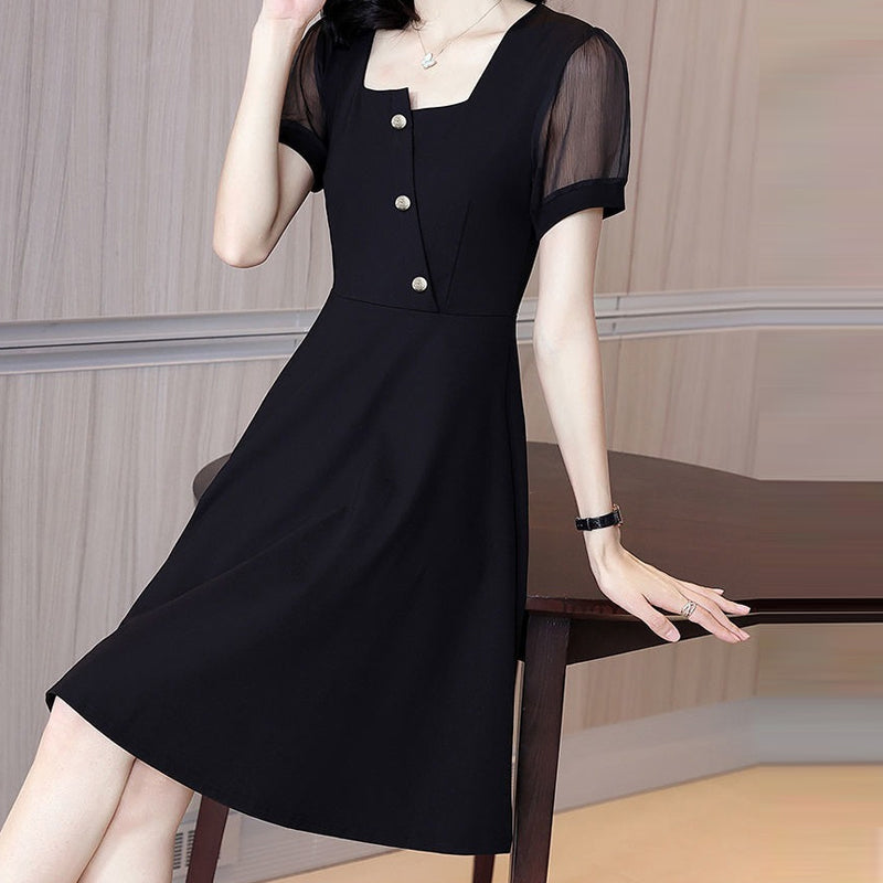 Square Neck Mesh Short Sleeve Dress