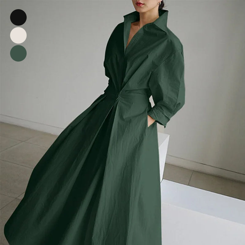 Women's Solid Pocket Button Lapel Long Sleeve Maxi Shirt Casual Dress