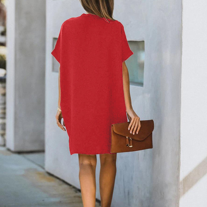 V Neck Short Sleeve Solid Color Loose Dress