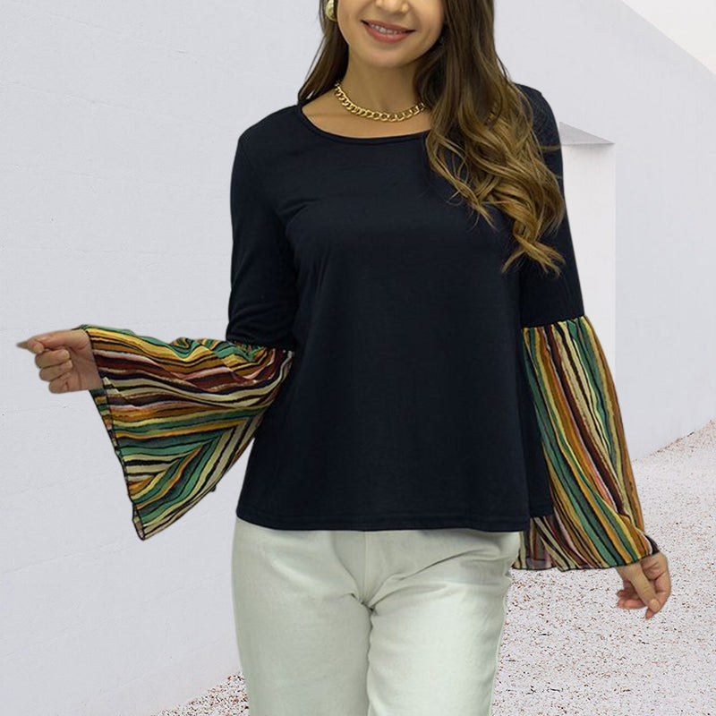 Ladies Patchwork Striped Long Sleeve Top