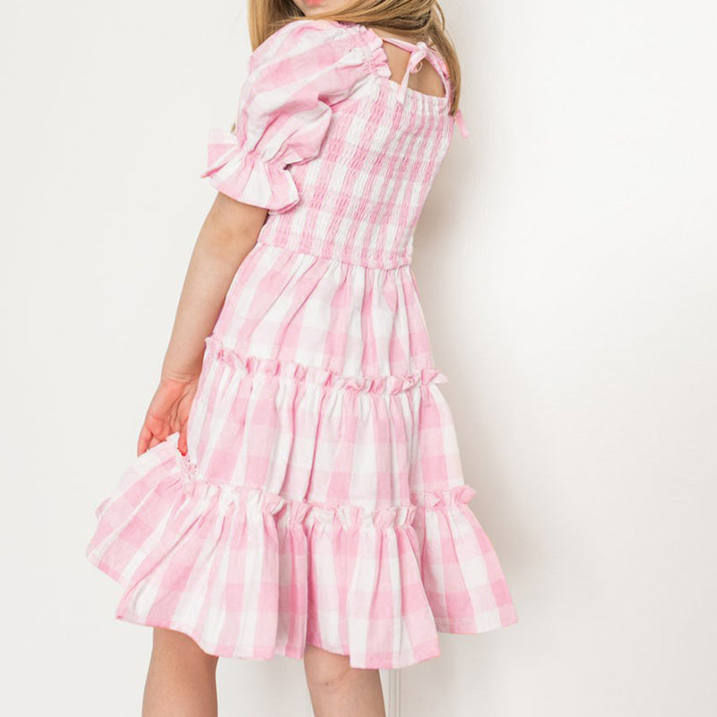 Children's Square Neck Lantern Sleeve Floral Plaid Dress