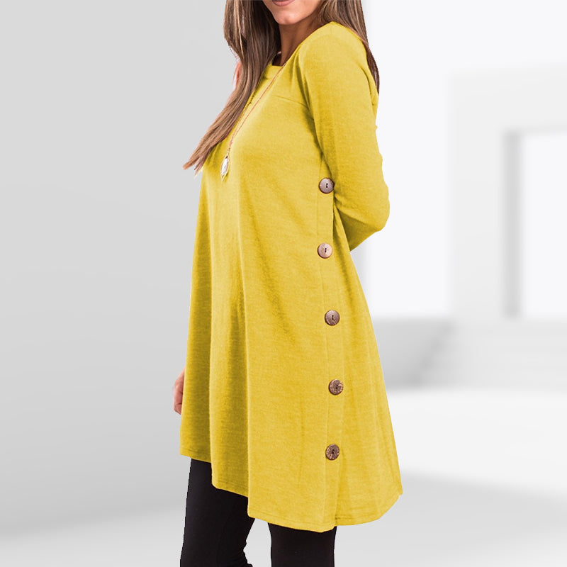 Women's Long Sleeve Scoop Neck Button Side Sweater Tunic Dress