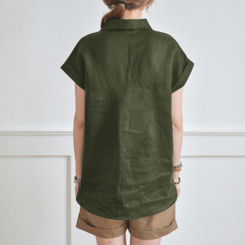 Elegant Loose V-neck Cotton Linen Short Sleeve Shirt