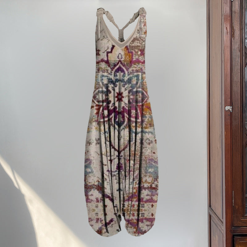 Women Summer Pattern Sleeveless Harem Jumpsuit